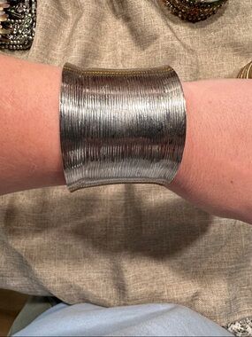Silver Textured Wide Cuff Bracelet - Fashionable Metal Wristwear